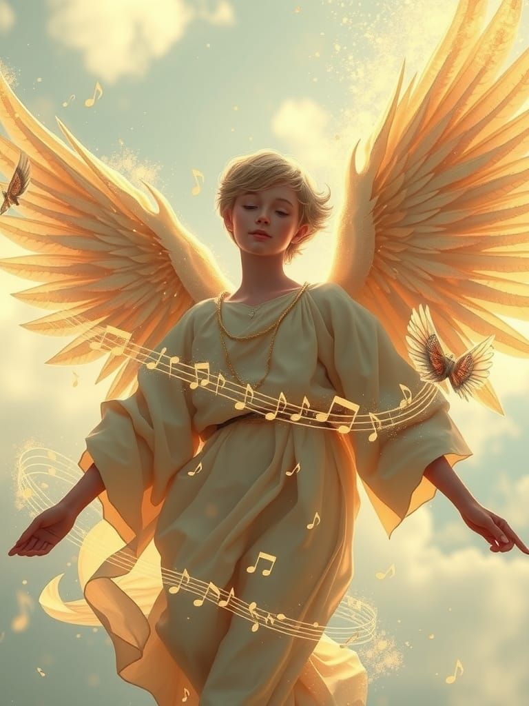Androgynous Angel Ascending in Golden Musical Aura