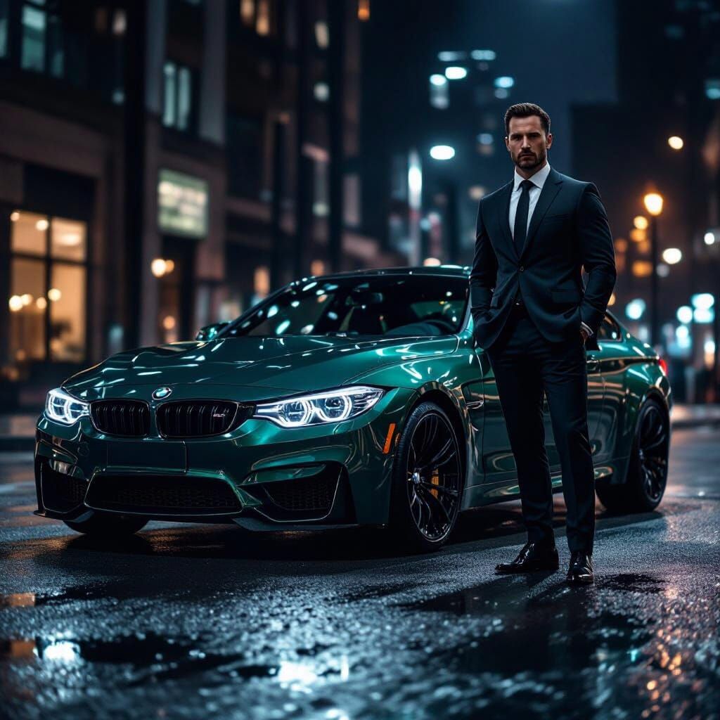 Man Poses With Dark Green BMW M3 in Moody Urban Nightscape