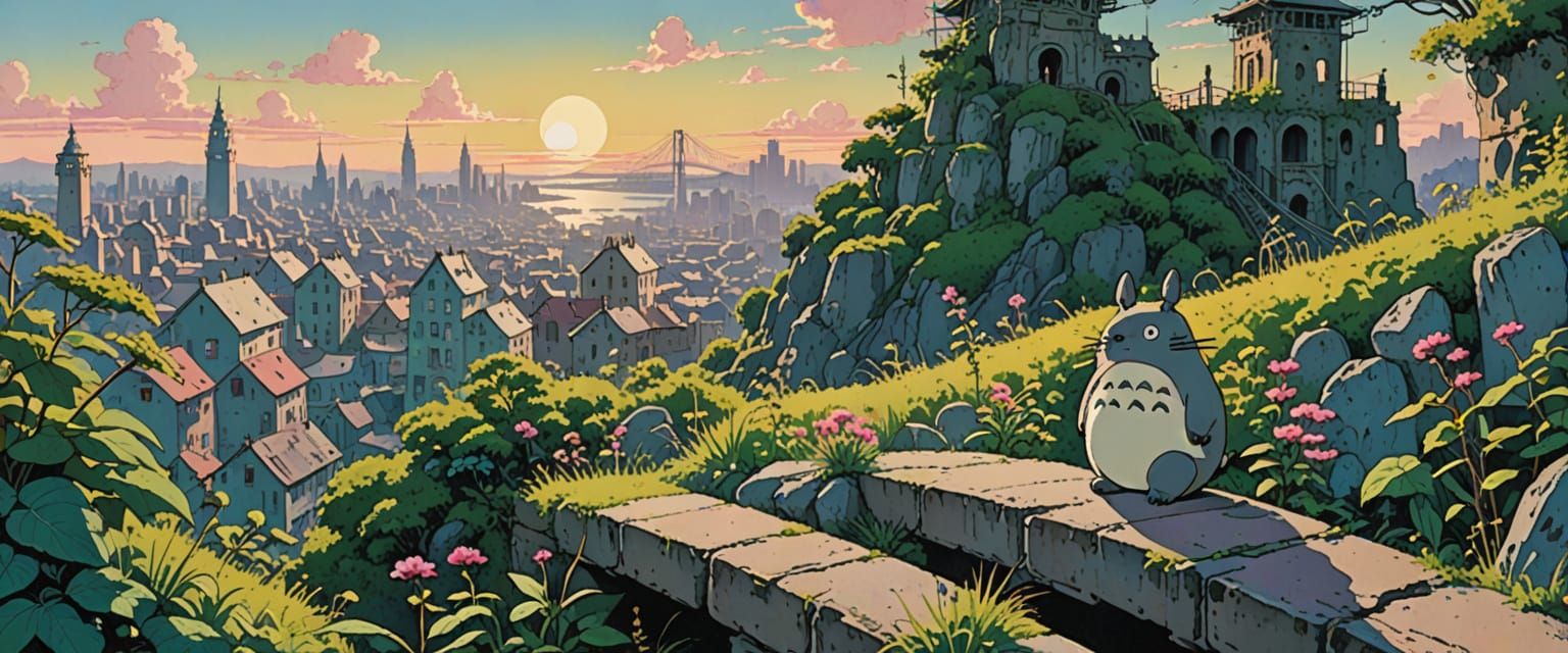 Totoro Overlooking City Ruins in Comic Book Style