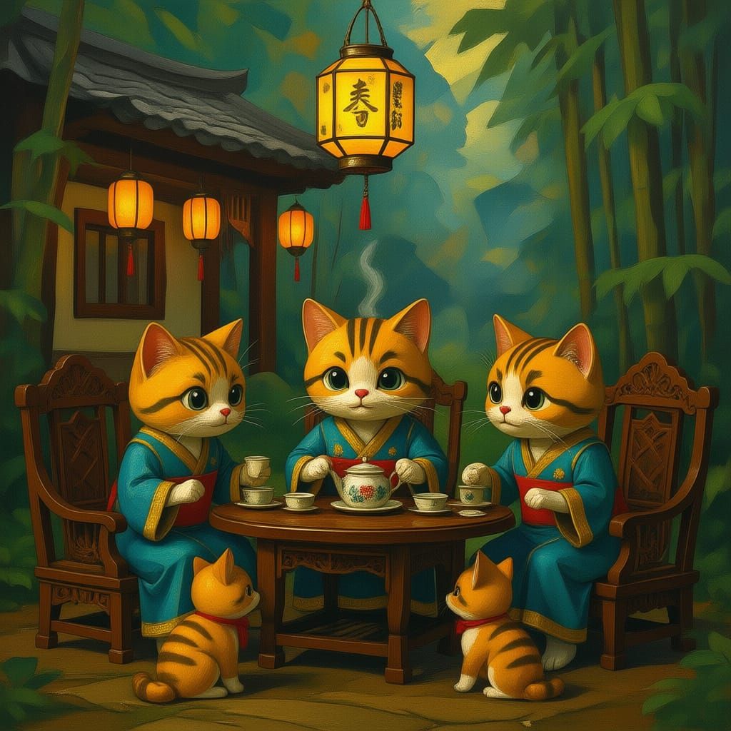 Cute Cats Enjoying Tea in Traditional Chinese House