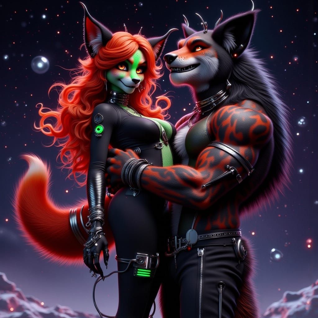 fox woman cuddling a wolf man  in space