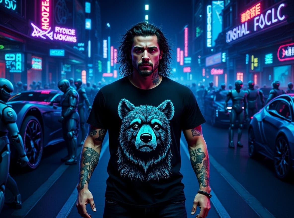 Man Stands Out in Futuristic Robotic Crowd