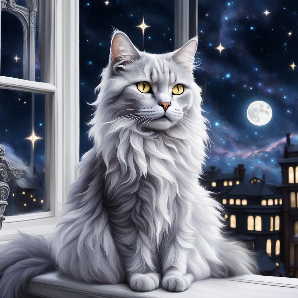 Ethereal Silver Cat Enchants Victorian Bay Window with Cosmi...