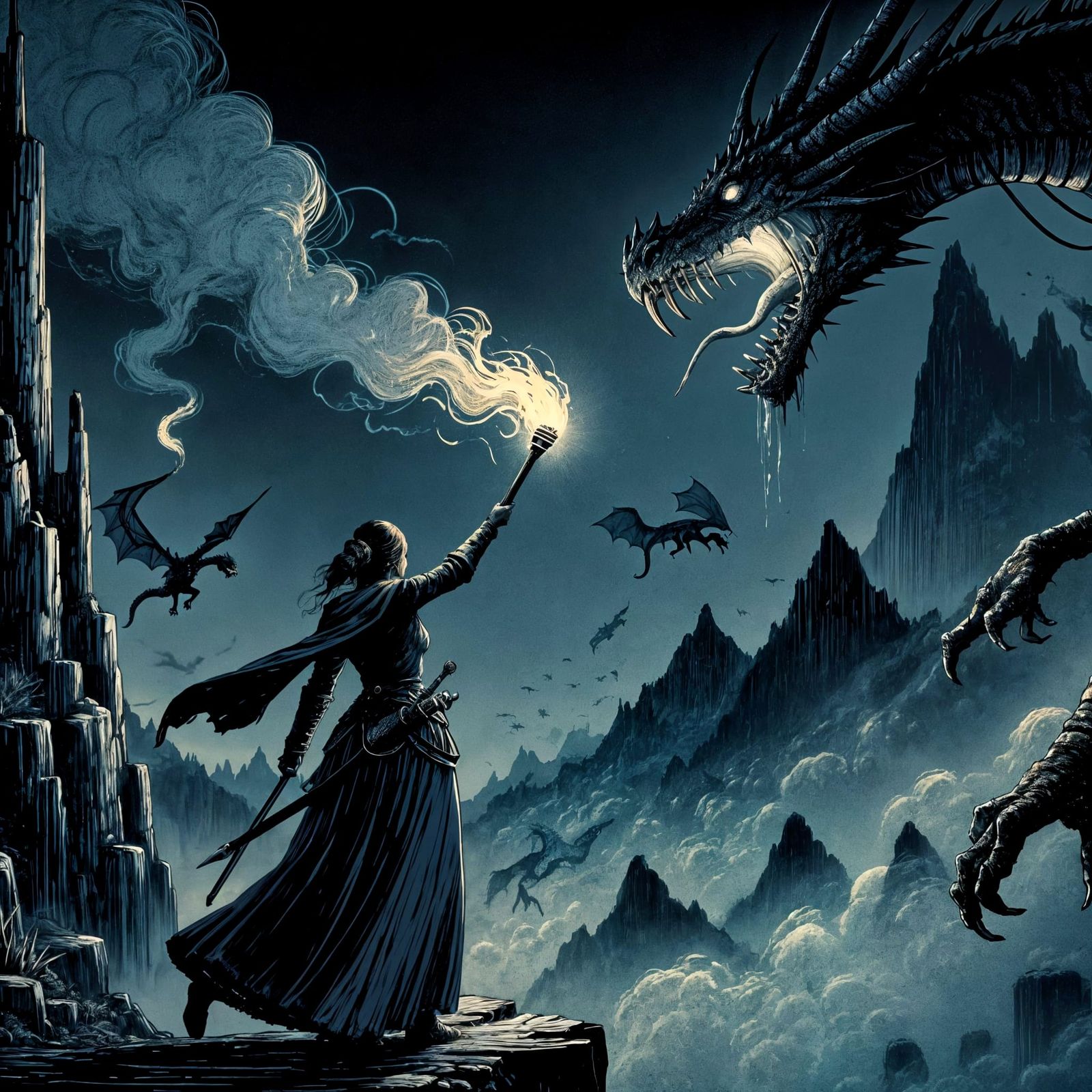 Courageous Princess Confronts Dragon in Misty Medieval Lands...