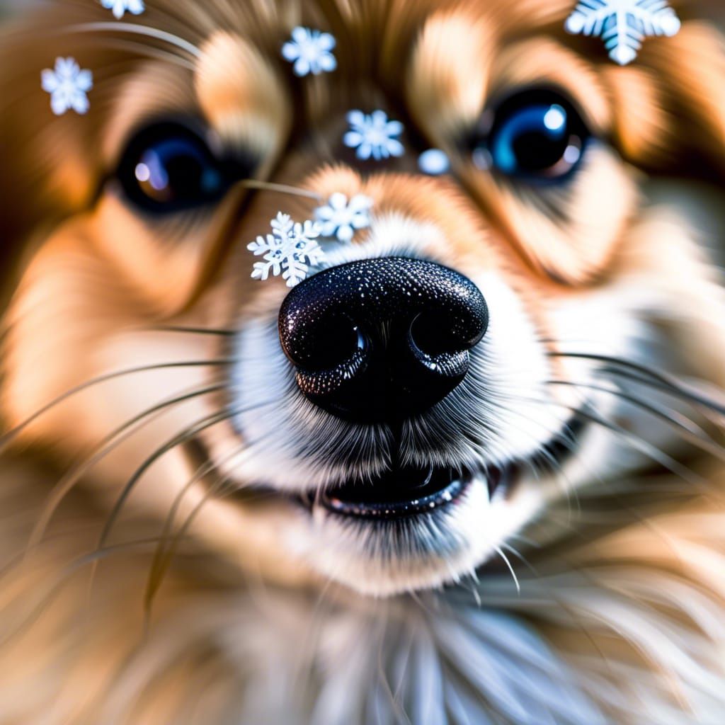 Dog with snowflakes