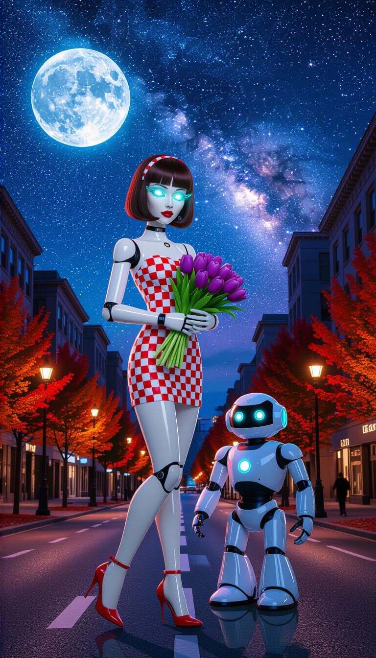 Cyberpunk Cityscape with Robot Woman and Neon Northern Light...