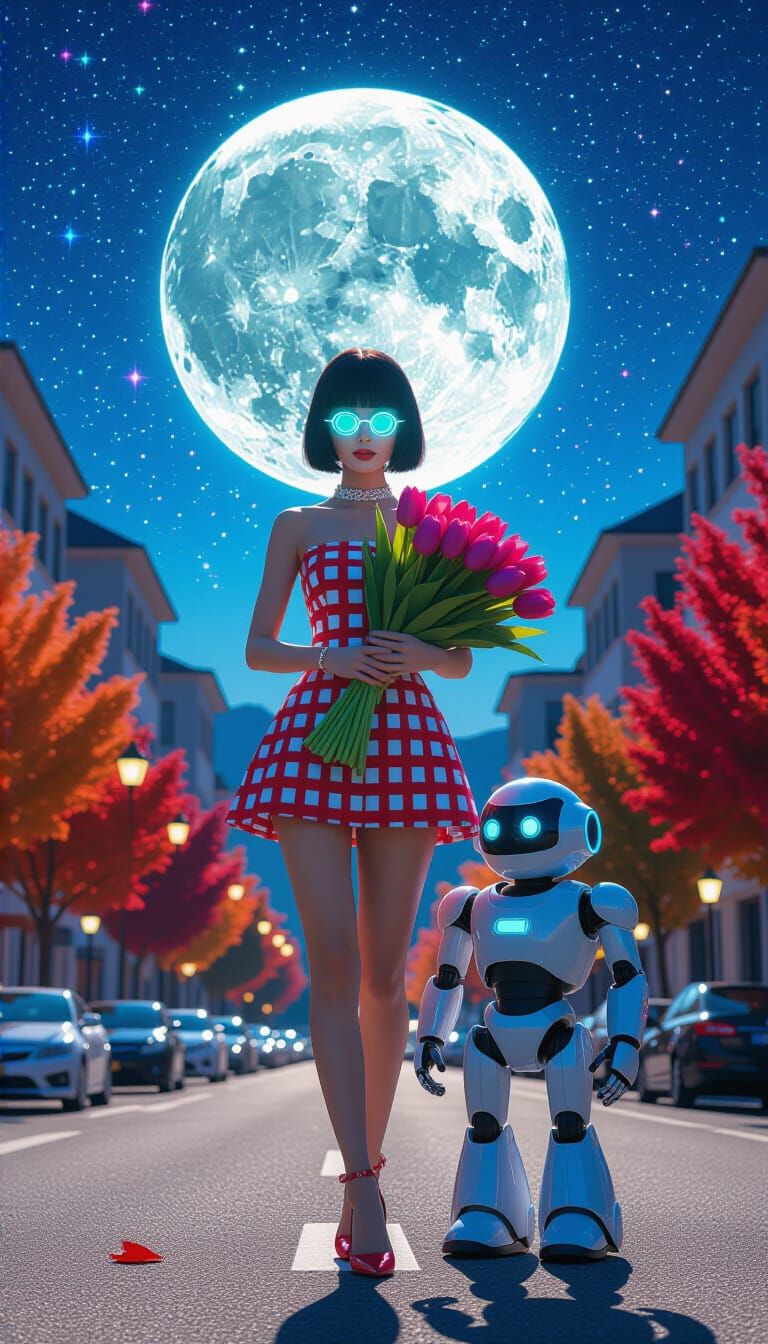 Cyberpunk Cityscape with Robot Woman and Neon Night Sky