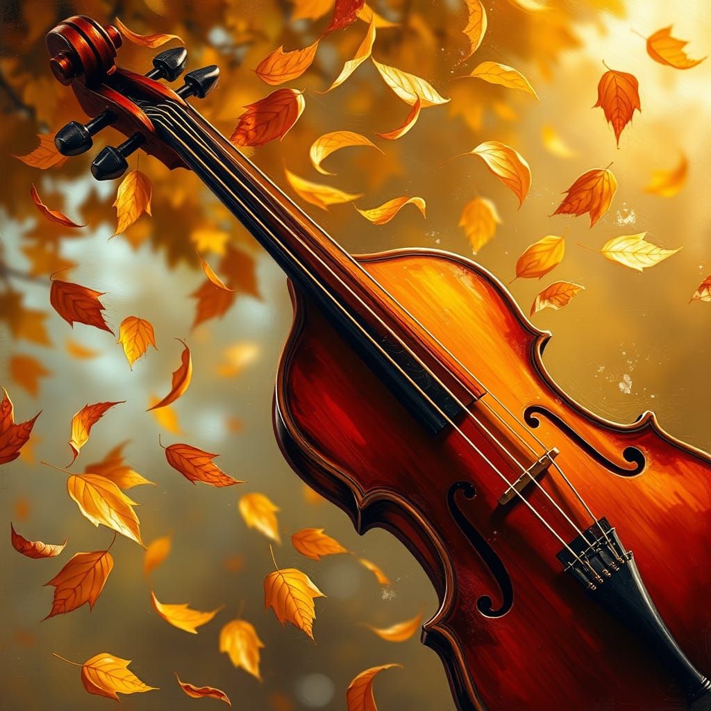 Impressionistic Violin With Autumn Leaves Oil Painting