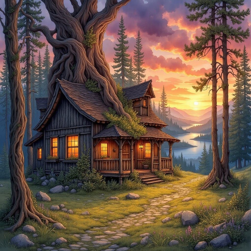 Majestic Woods Cabin Under Vibrant Sunset