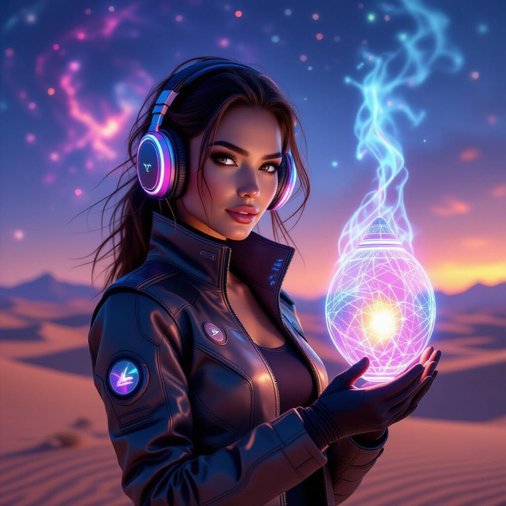 Woman with Holographic Lantern on Alien Desert