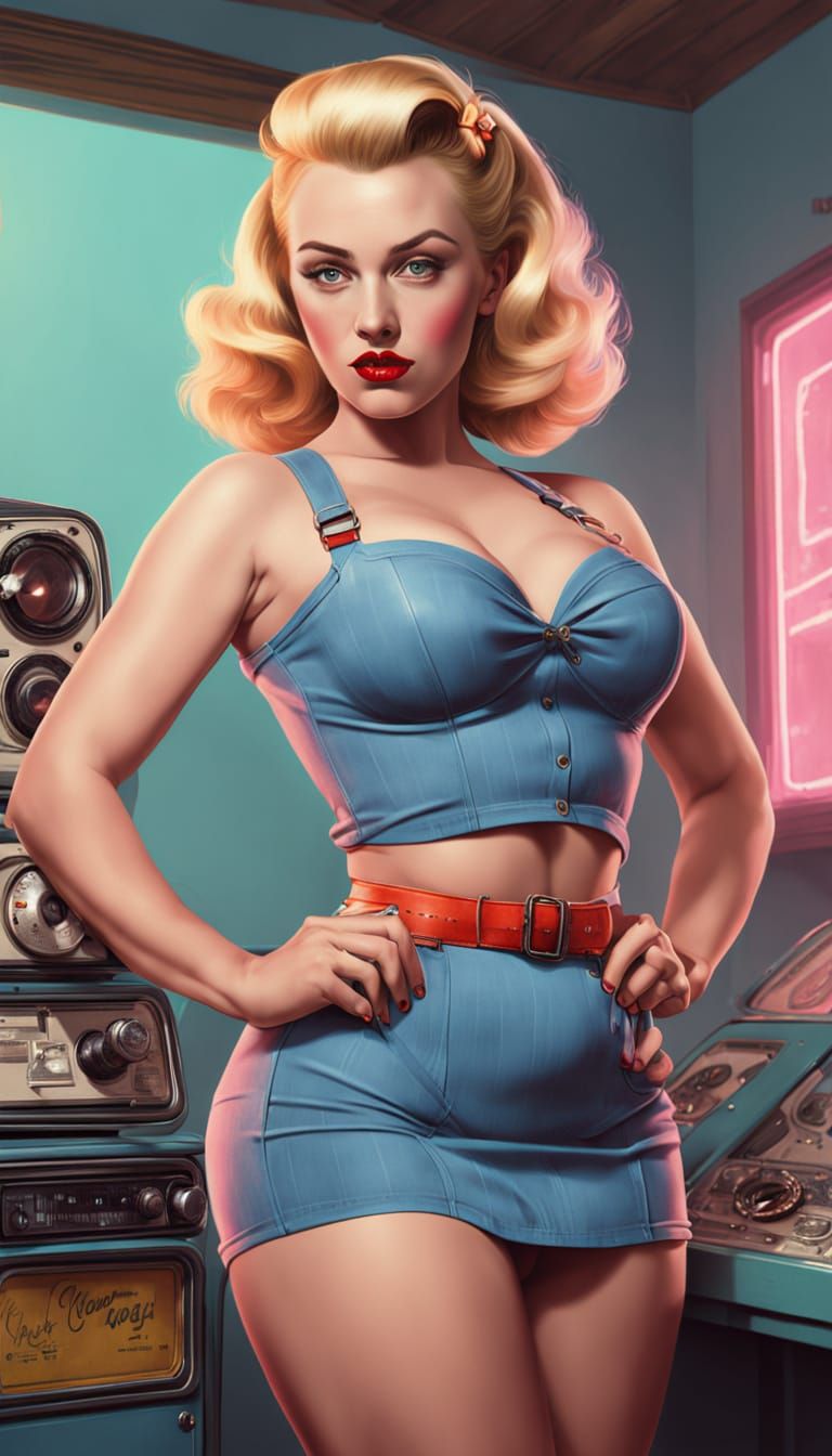 Nostalgic Pop Surrealism: 1950s Pin-Up in Retrowave Style