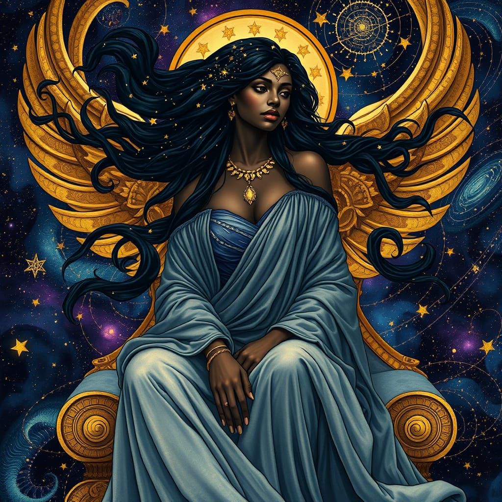 Celestial Goddess on Galactic Throne in Art Nouveau Style