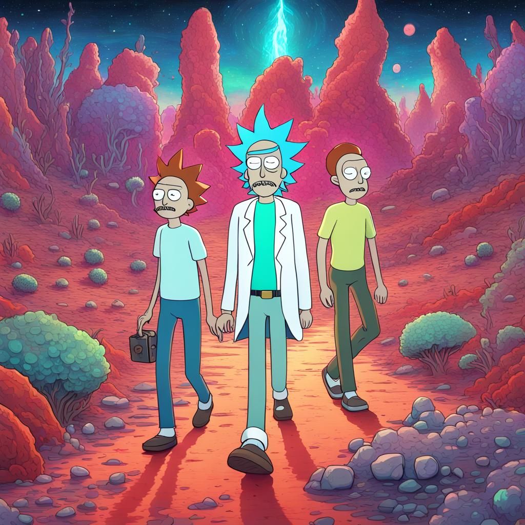 Rick and Morty Walk with Red Mohawk, Cosmic Art