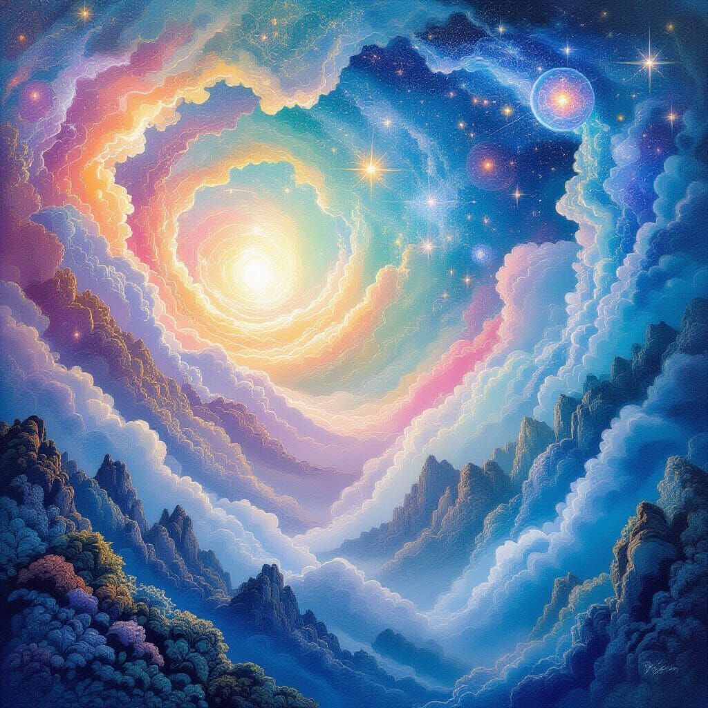 Ethereal Cosmic Mist Illustration in Mixed Media Style