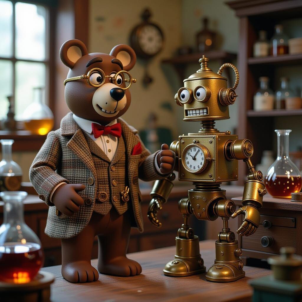 Steampunk Bear and Robot in Claymation Style