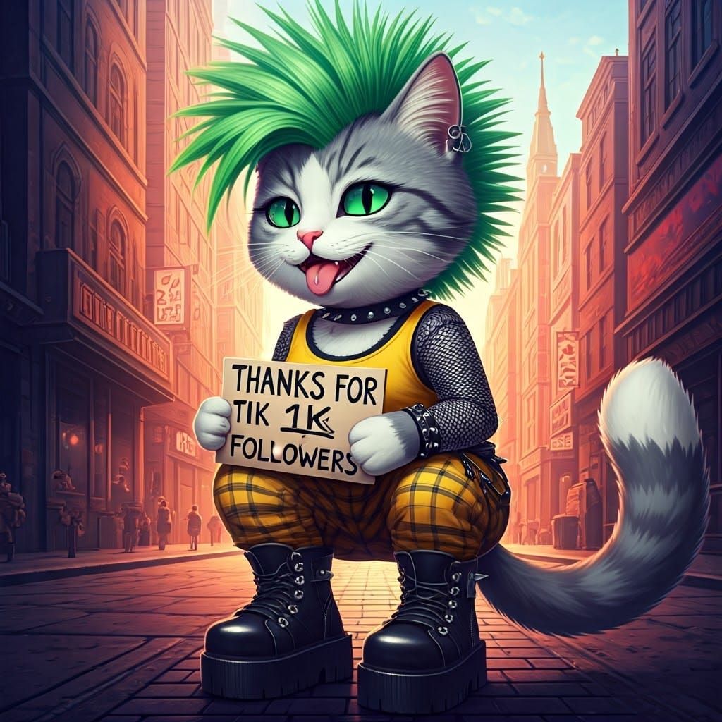 Punk Cat Thanks Followers in Anime Cityscape