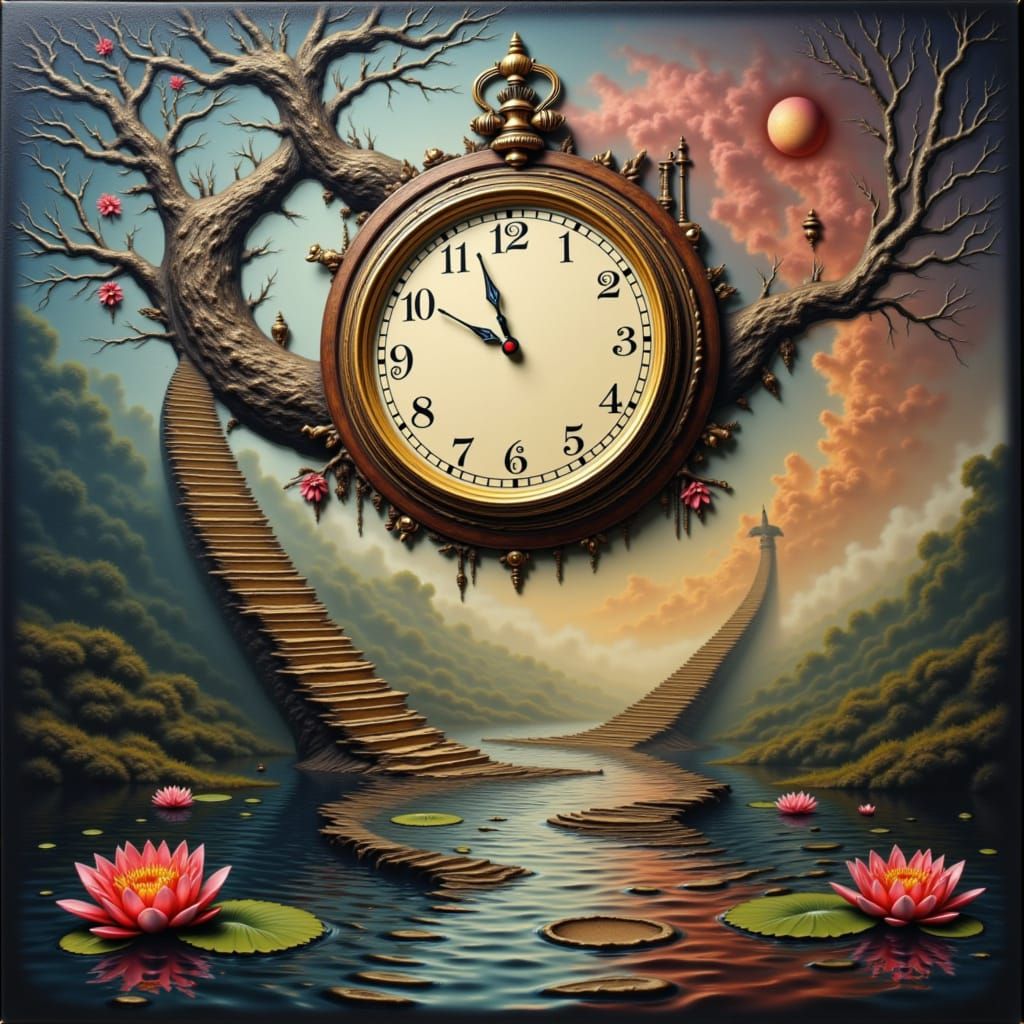 Surreal Dreamscape: Melting Clock, Geometric Stairs, Water L...
