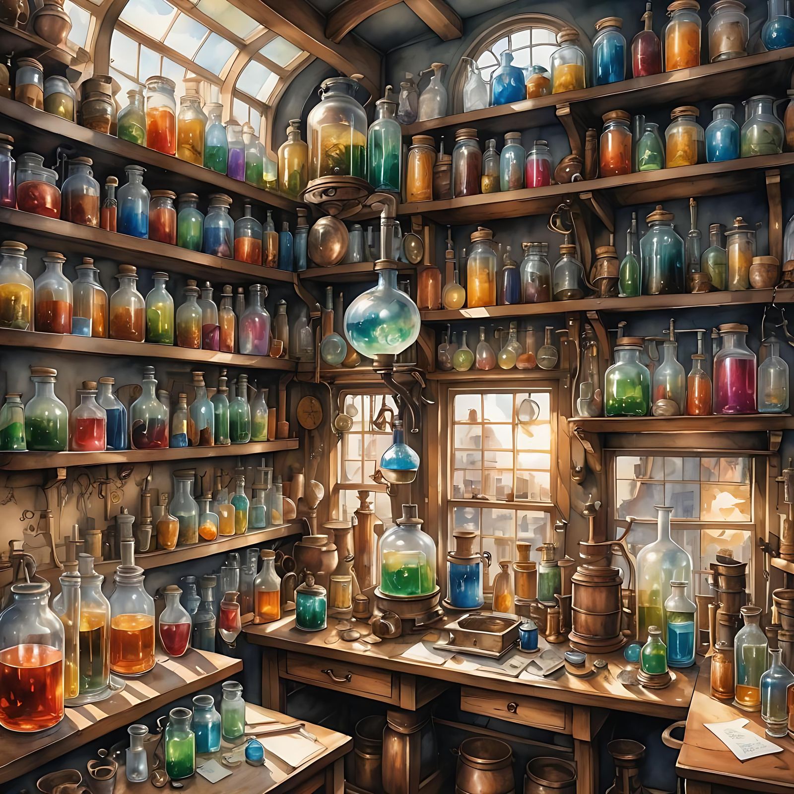 Enchanting Alchemist's Workshop: A Watercolor Illustration