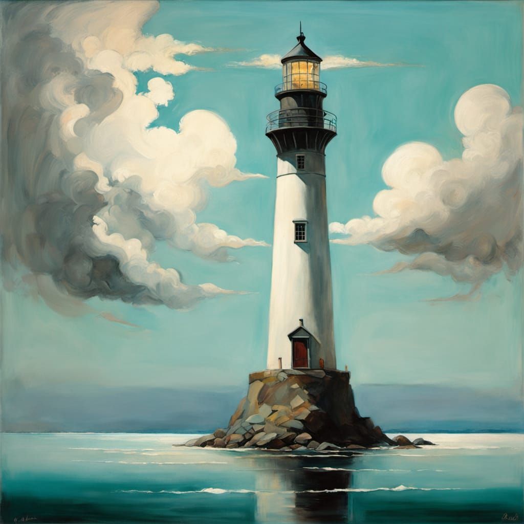 Majestic Lighthouse Oil Painting with Turquoise Lines