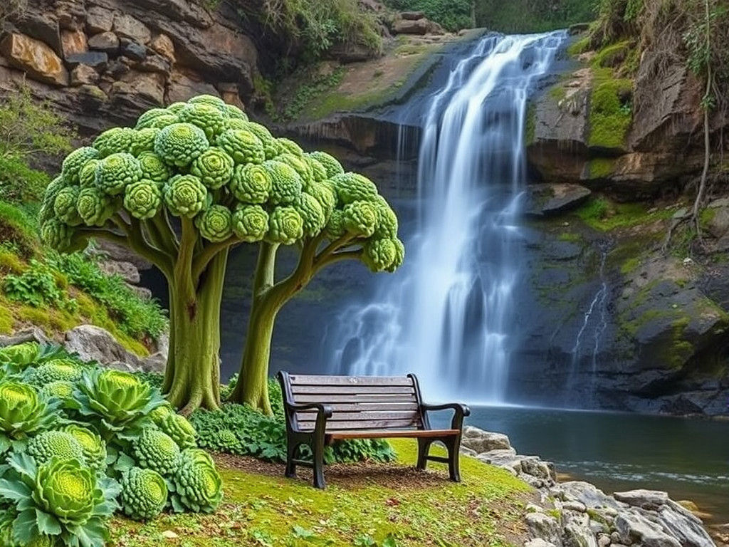 Broccoli Trees by Waterfall: A Whimsical Landscape