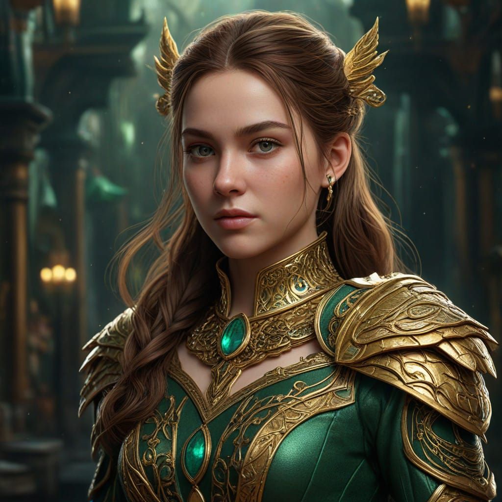 Fantastical Princess in Emerald and Gold Attire