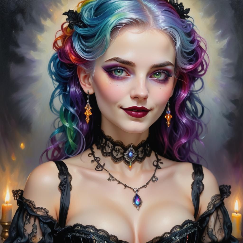 Rainbow-Haired Sorceress Portrait in Old Masters Style