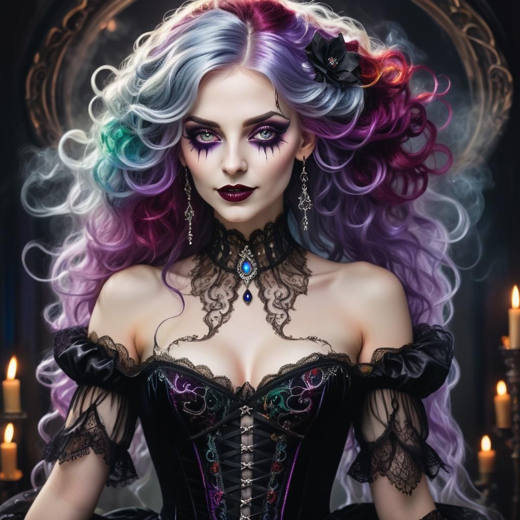 Enchanting Sorceress Portrait with Rainbow Hair