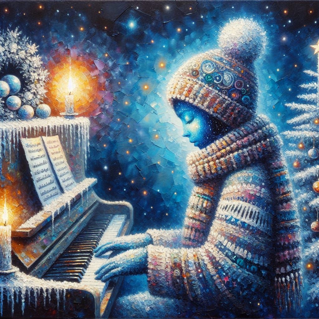 Cosmic Musician's Christmas Serenade: Impasto Style Painting