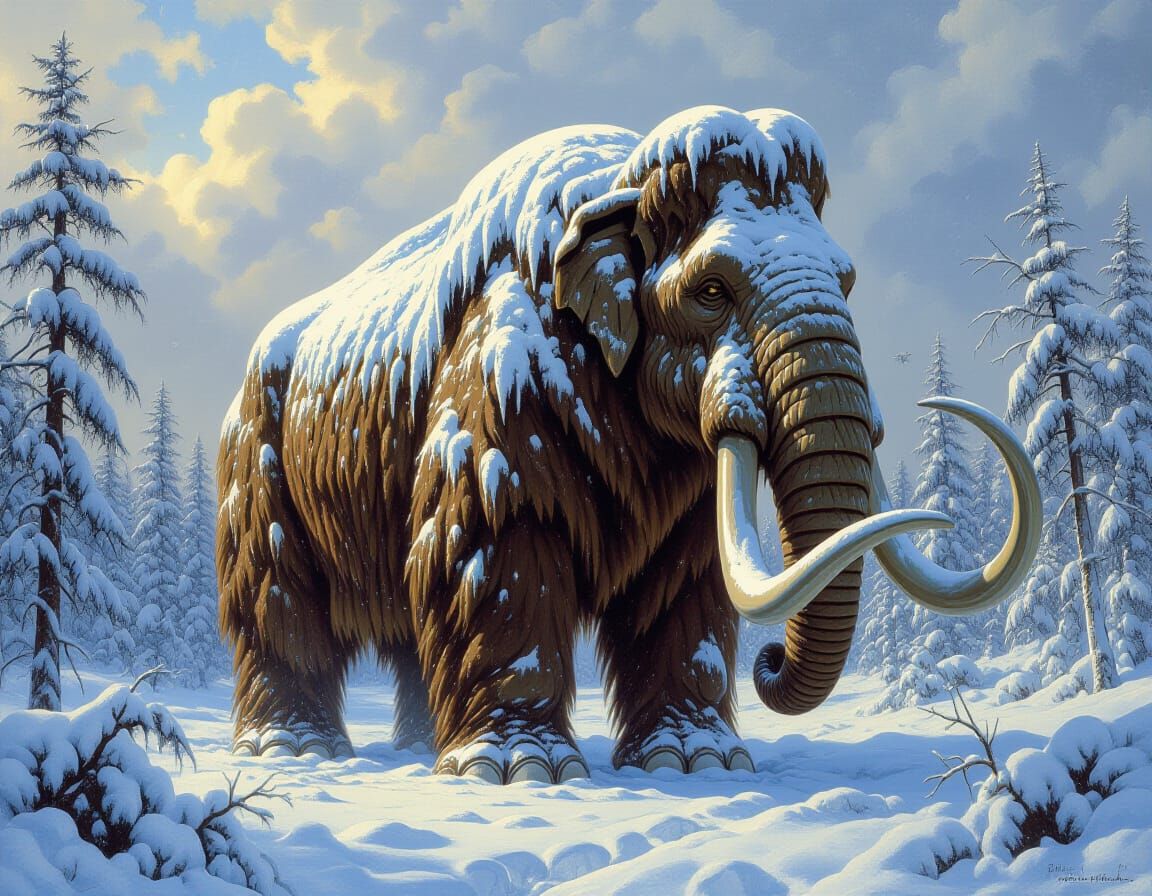 Snowy Woolly Mammoth in Detailed Fantasy Art Style