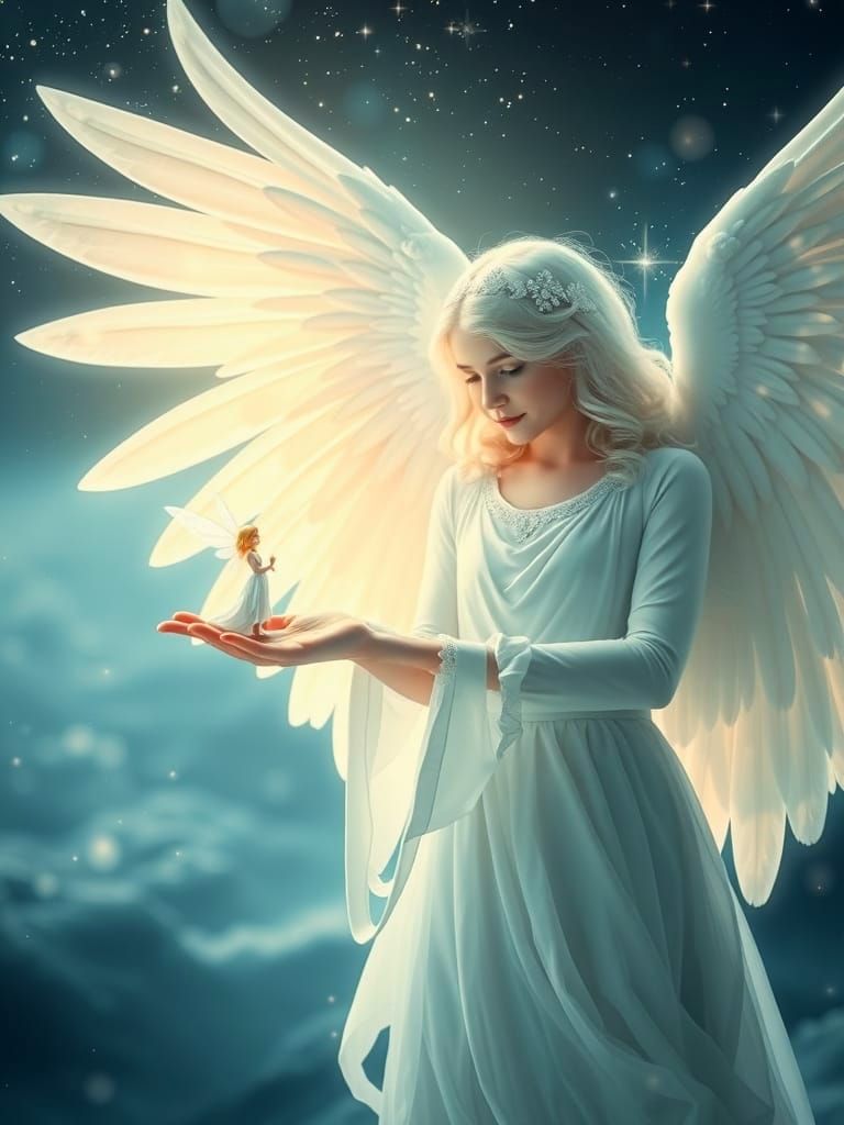 Serene White Angel Surveys Celestial Realm