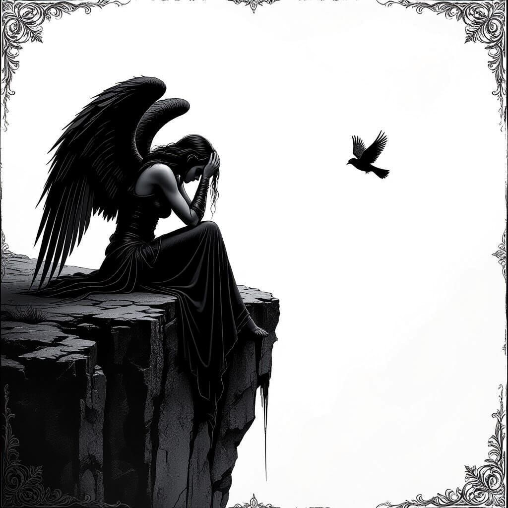 Defeated Dark Angel on Cliff in Moody Ink Art