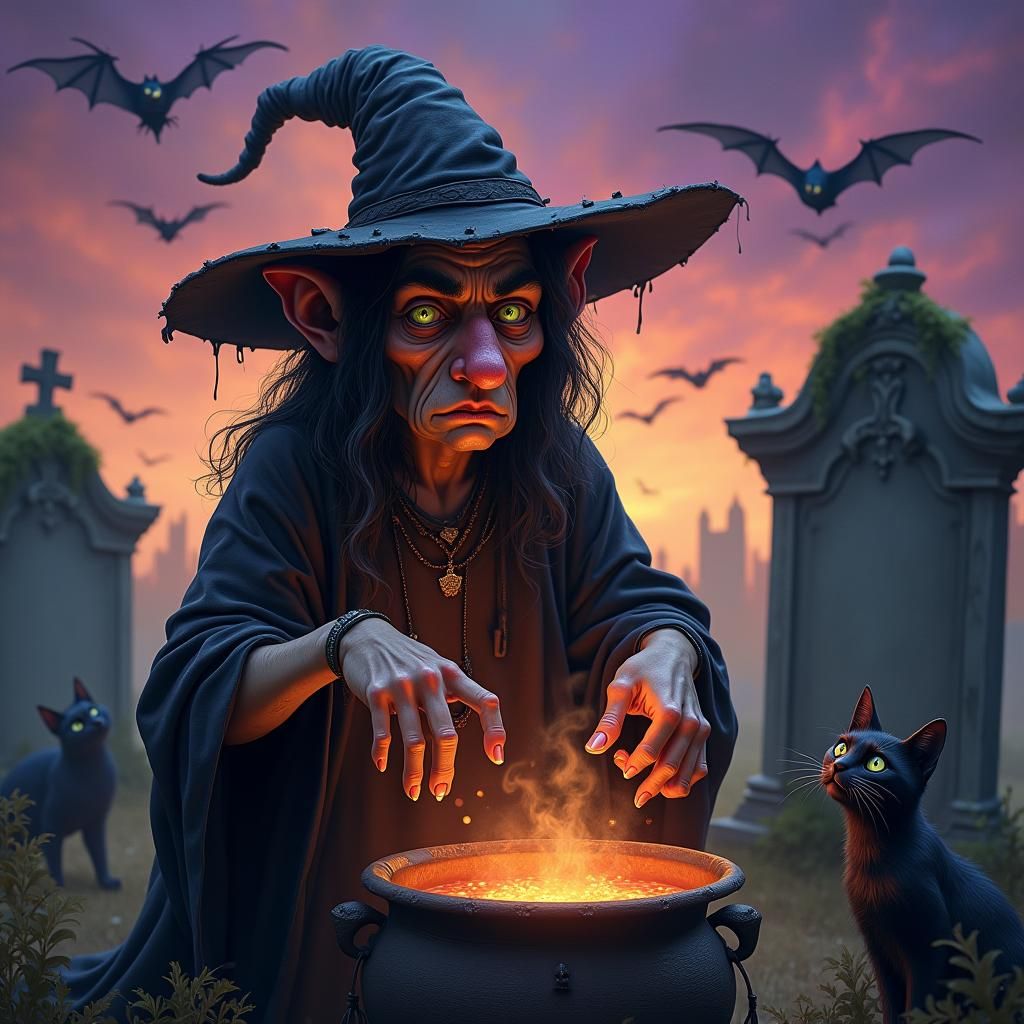 Witch Brewing Potion in Graveyard, Digital Art