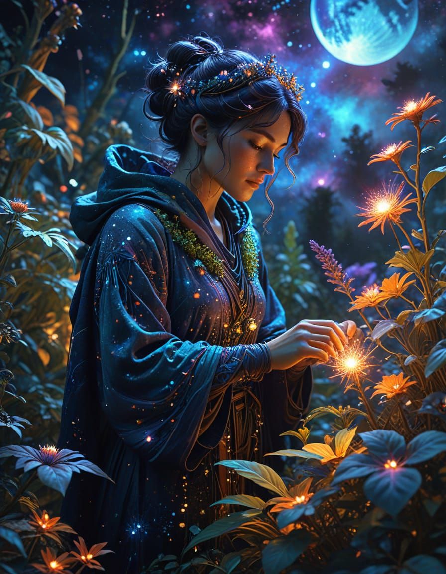 Cosmic Herbalist in Nebula Garden: Vibrant Digital Painting