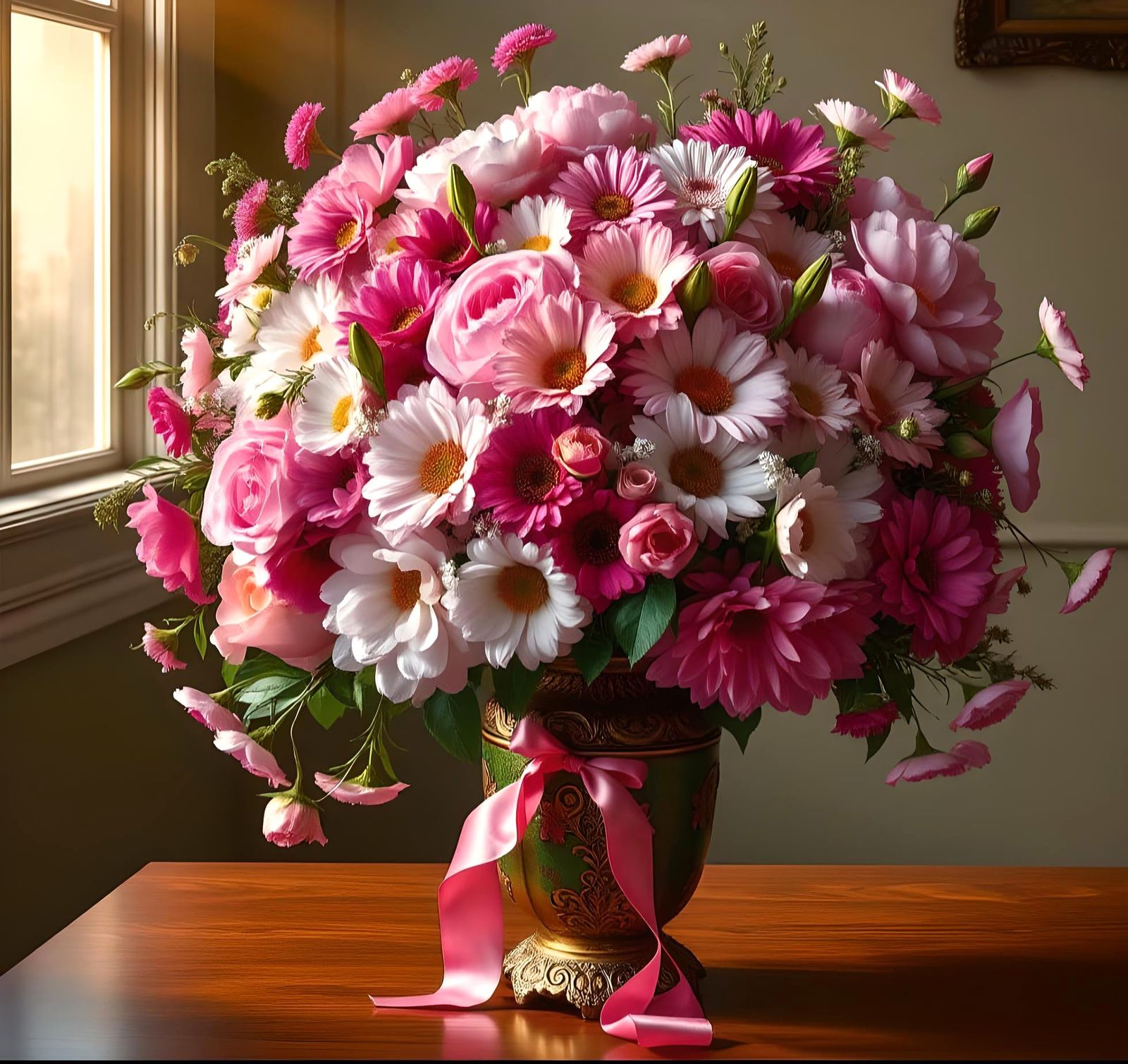 Pink Flowers Still Life in Oil Painting Style