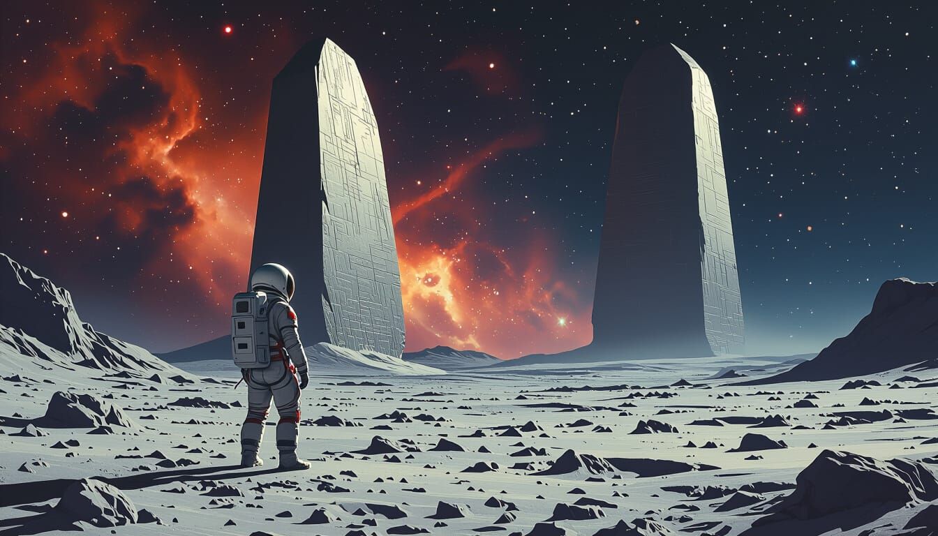 Astronaut Gazes at Colossal Monolith on Lunar Surface