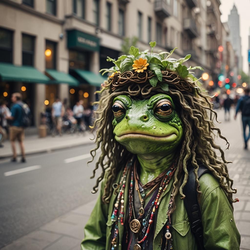 Frog Humanoid with Medusa Hair in the City