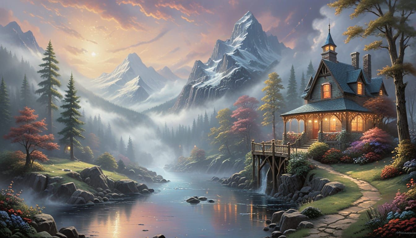 Ethereal Fantasy Mist in Thomas Kinkade Style