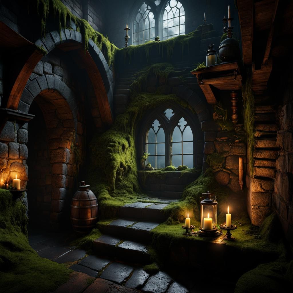 Creepy Mossy Cellar with Candlelight, Detailed Matte Paintin...
