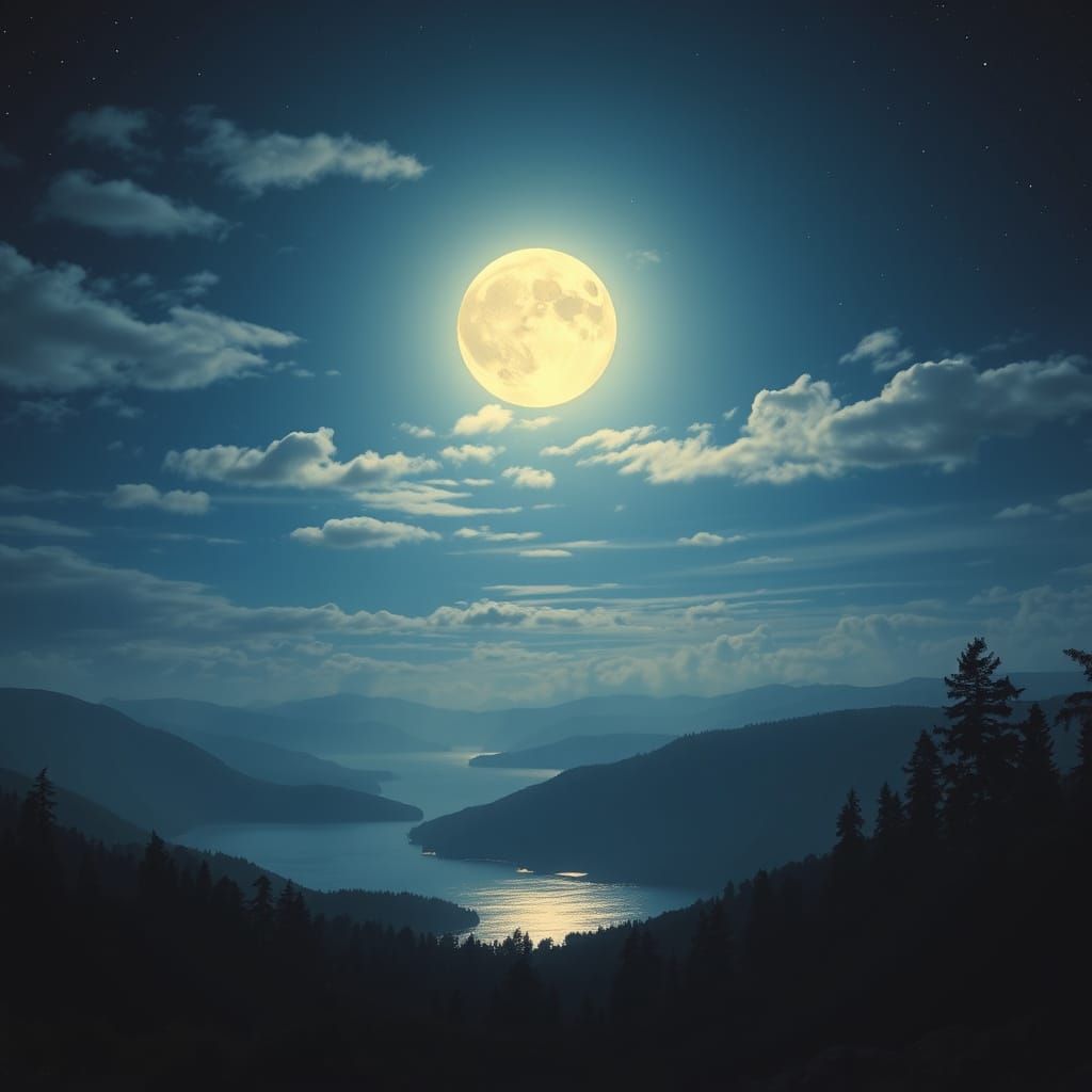 Serene Night Landscape Under Luminous Full Moon and Ethereal...