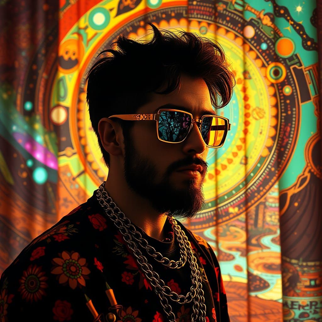 Hipster Assassin in Vaporwave Klimt Cubism Style