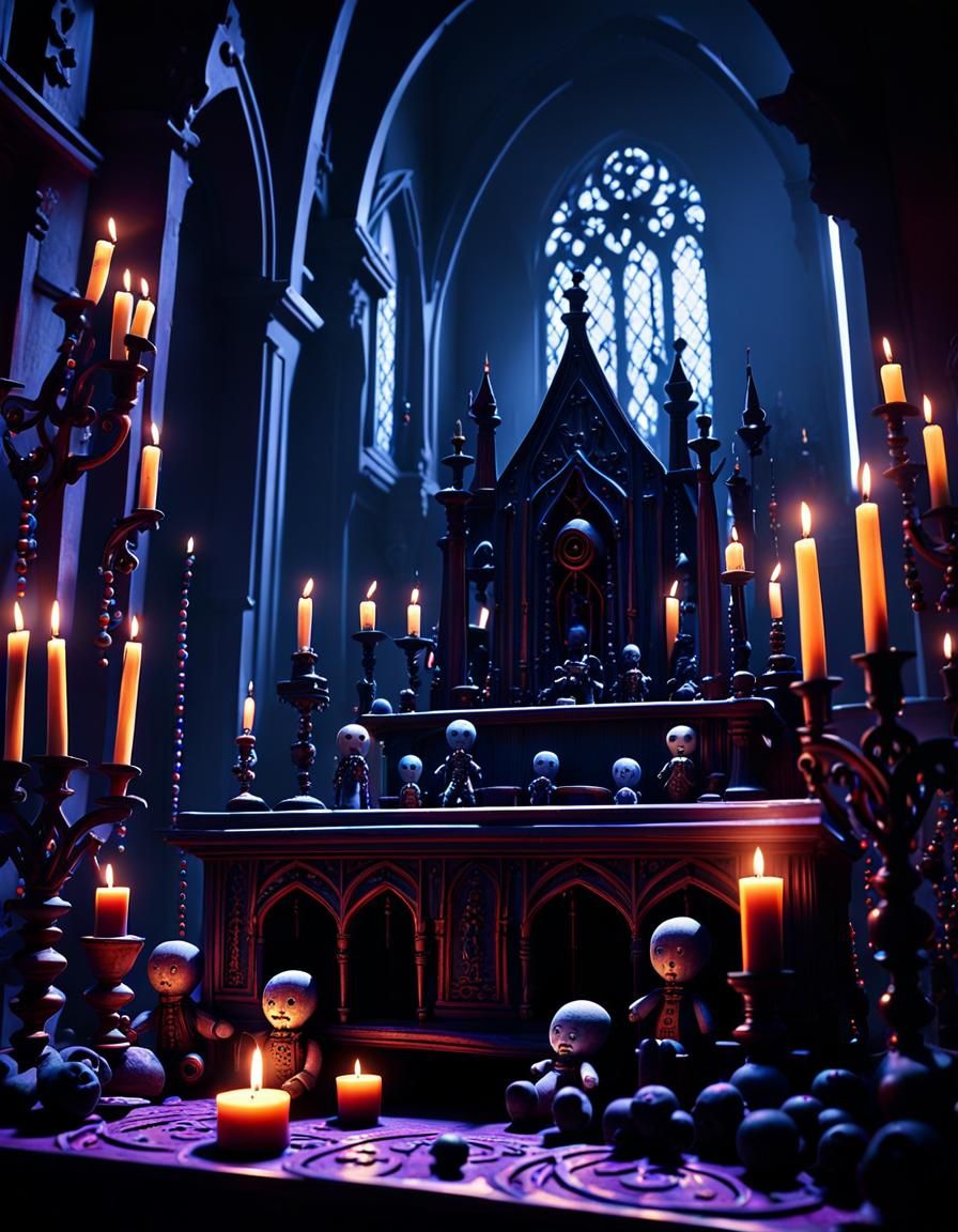 Gothic Horror Altar with Candles and Voodoo Dolls