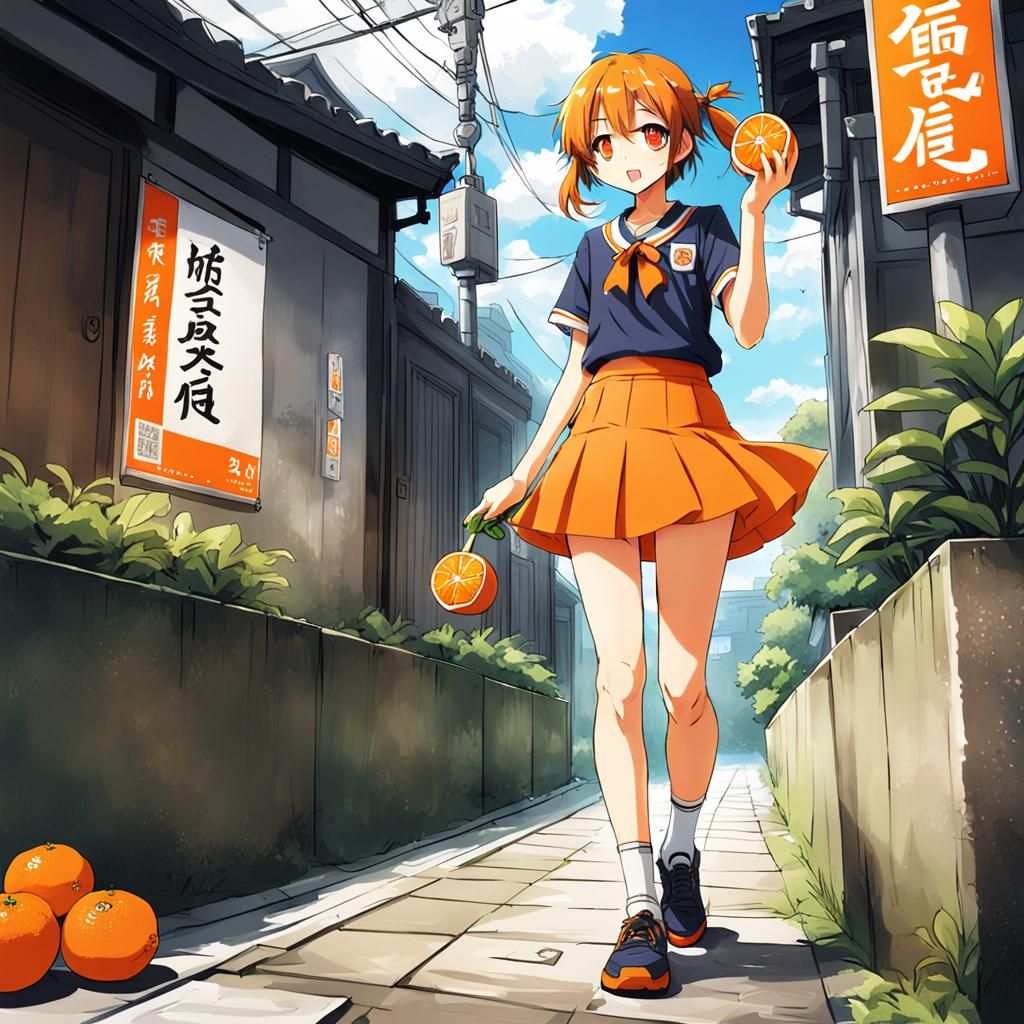 Man in Orange Skirt Eating Orange: Anime Style