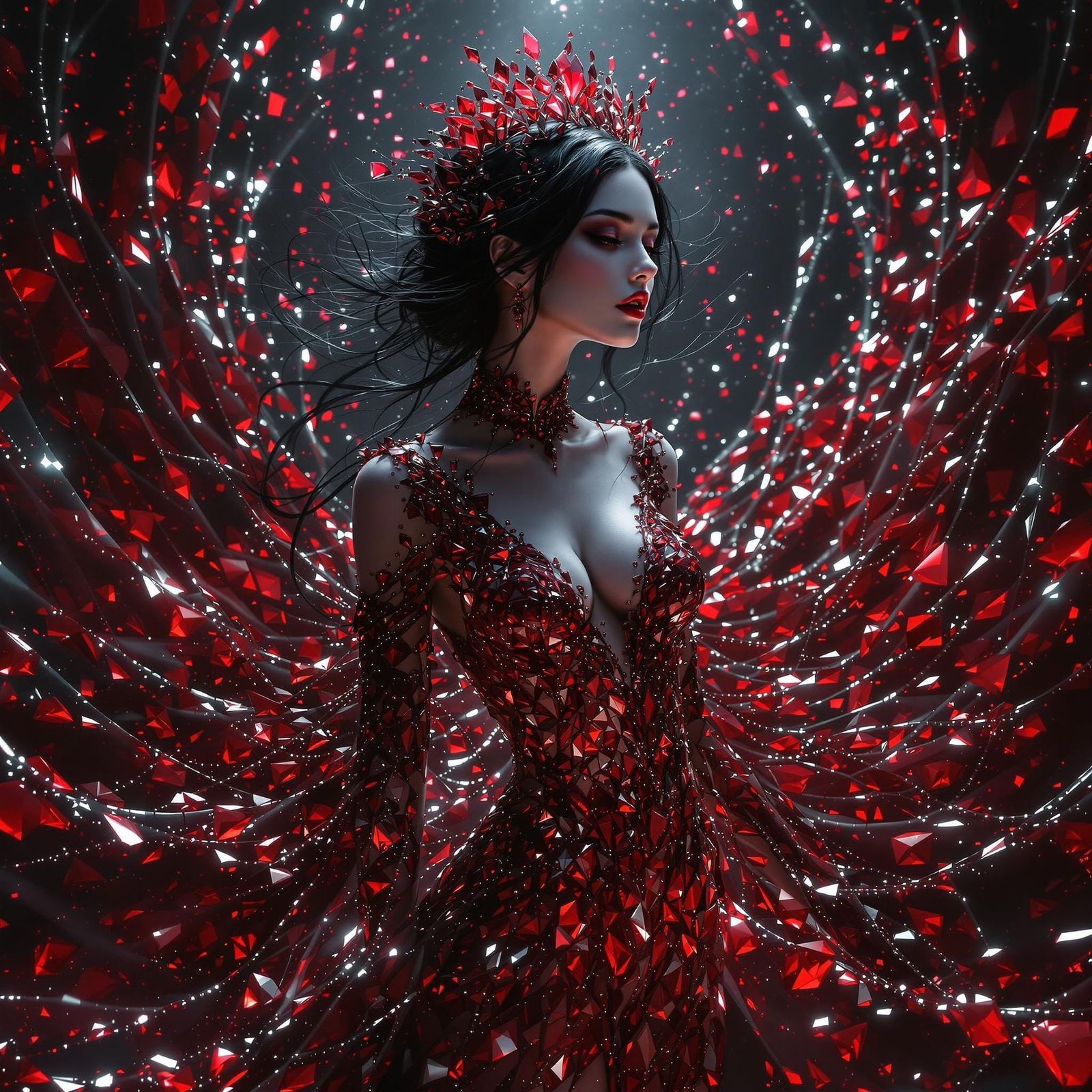Ethereal Woman in Ruby Gown