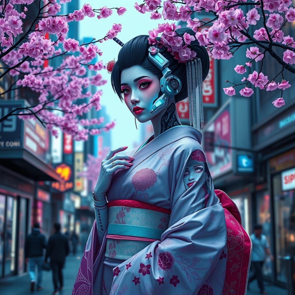 Cyberpunk Geisha with Robotic Enhancements in Tokyo