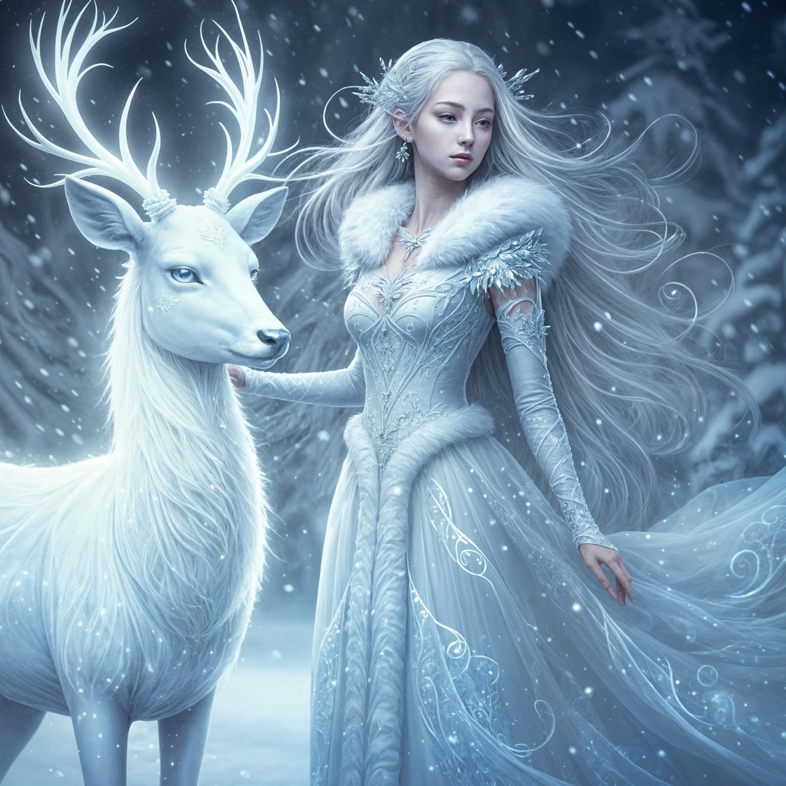Ethereal Snow Queen in Majestic Forest Scene
