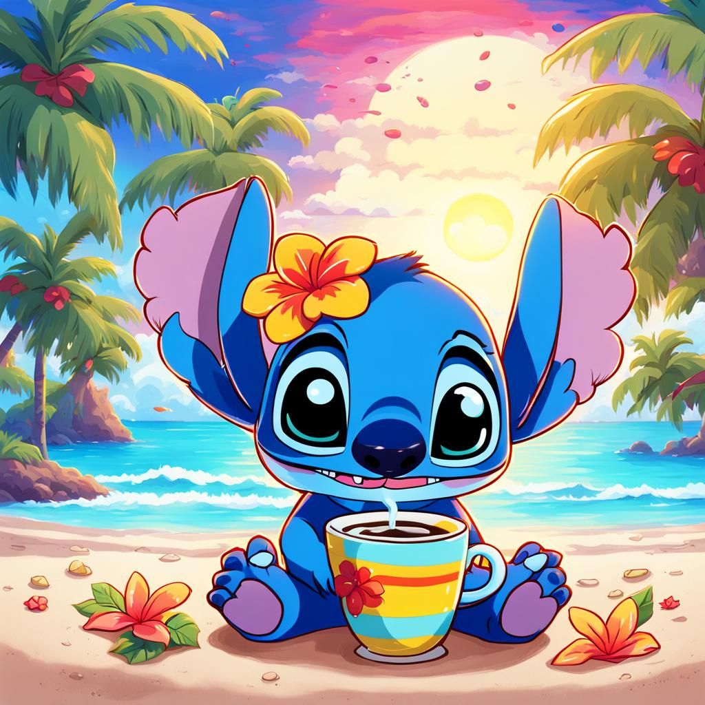Chibi Stitch Sipping Coffee on Tropical Beach in Anime Style