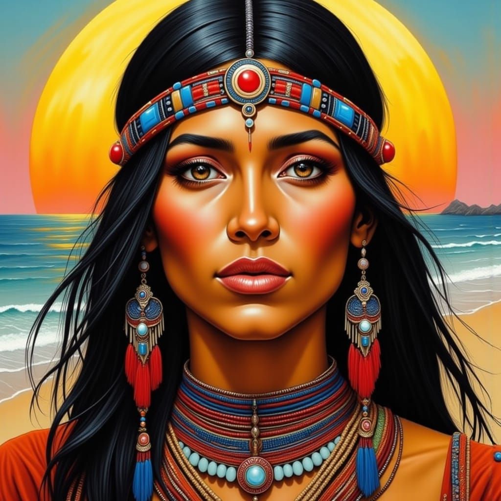 Native American Woman Digital Portrait with Flux Colors