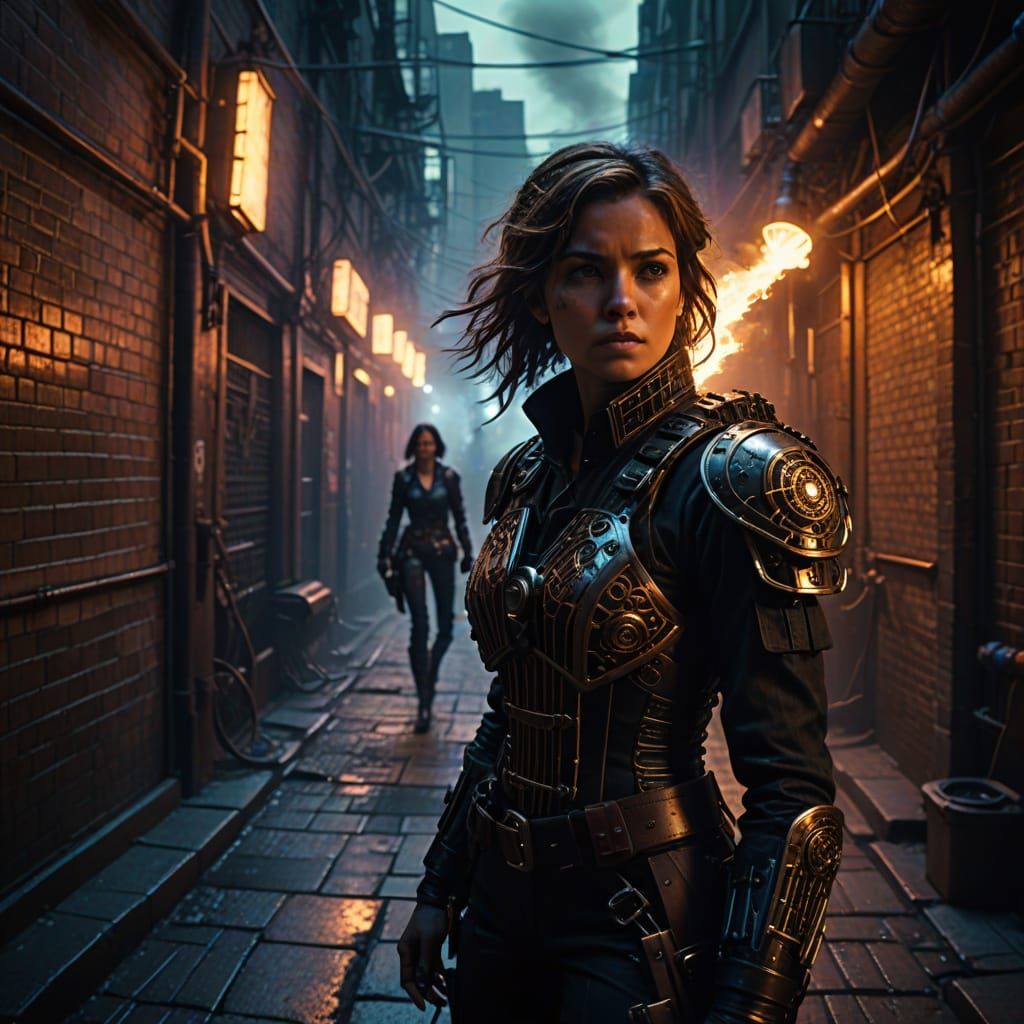 Steampunk Woman Fights Agents in Neon Alley