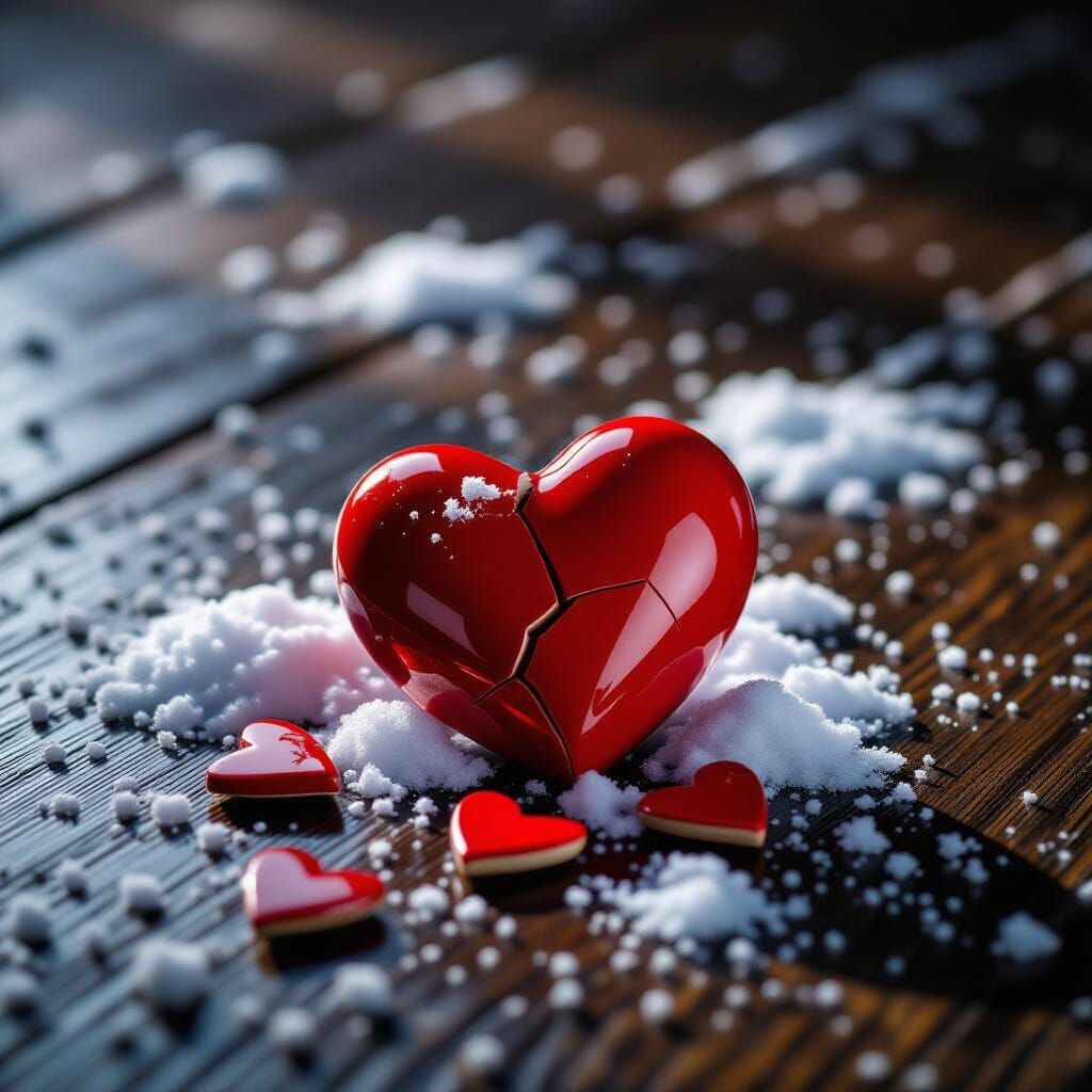 Broken Ceramic Heart on Snow-Covered Floor
