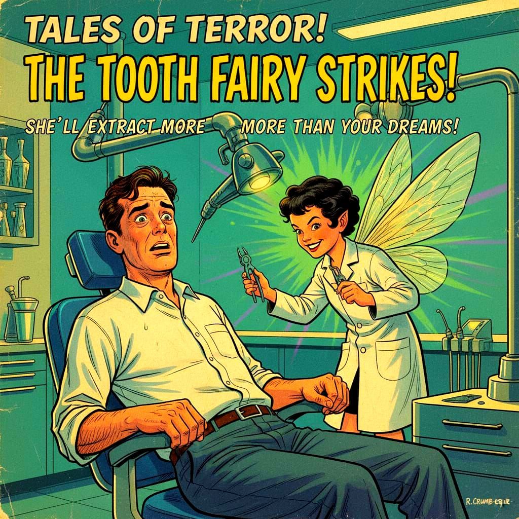 Nervous Man in Dentist Chair Meets Smiling Fairy